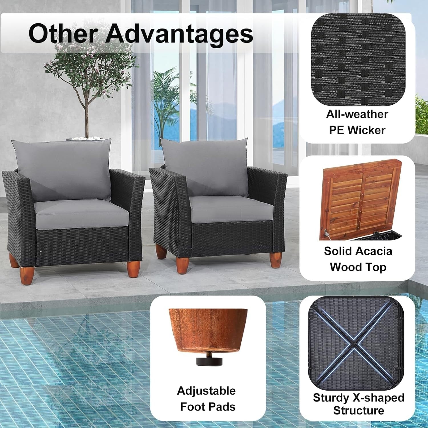 3 Piece Rattan Bistro Set Garden Patio Chairs with Storage Table Cushions