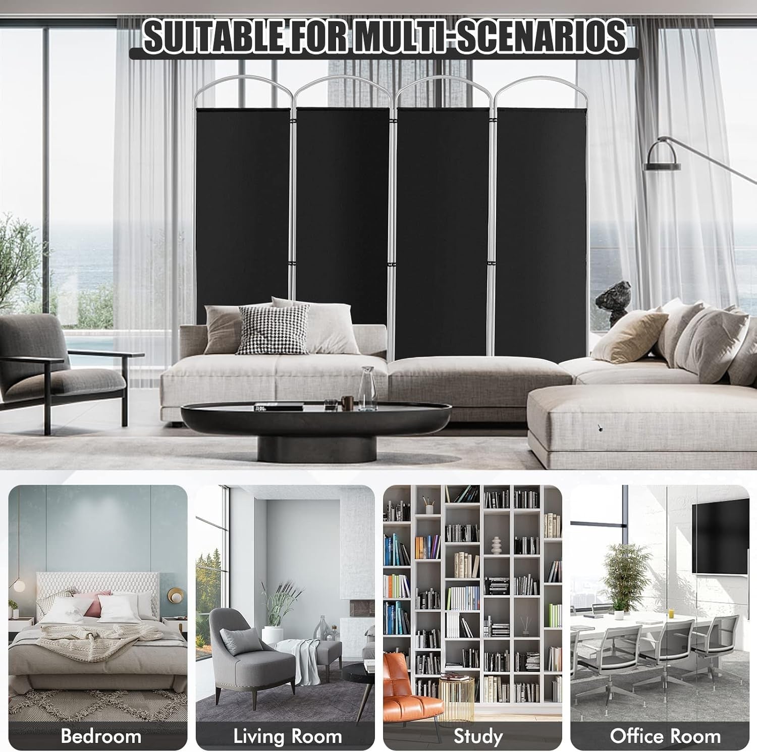 4 Panel Black Folding Room Divider Privacy Screen Partition for Office Bedroom