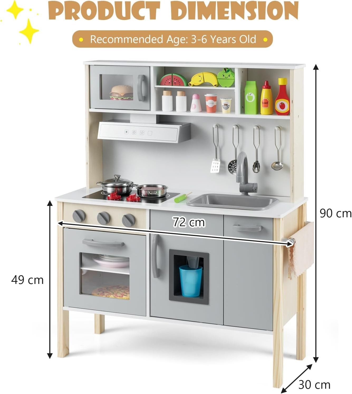Wooden Kids Play Kitchen Grey Ice Maker Cooking Toy Accessories