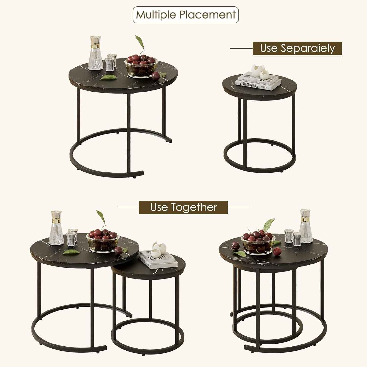 Round Nesting Coffee Tables Set of 2 – Grey Top Black Frame, Space- Black