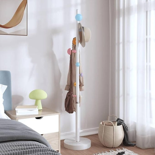 White Metal Coat Rack Stand 8 Hooks Powder Coated Iron Hallway Organizer