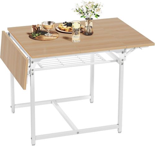 Yellow Oak Folding Dining Table Drop Leaf with Storage 120cm