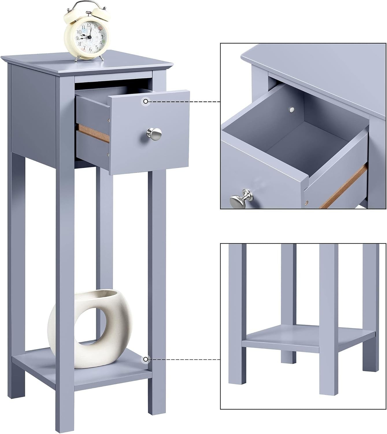 Set of 2 Grey Slim Tall Bedside Tables with Drawer & Shelf – Narrow 25x25x70cm