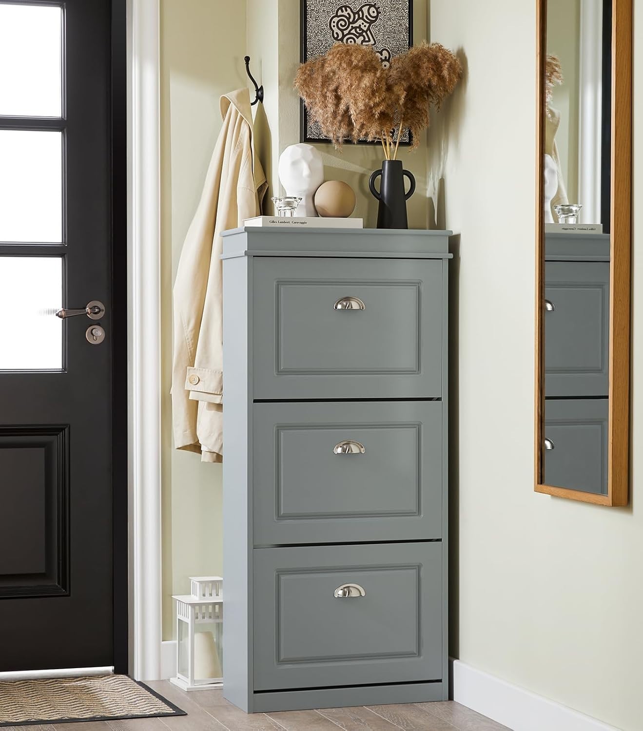 3 Flip-Drawer Slim Shoe Cabinet Storage Unit 53x24x117 cm Grey