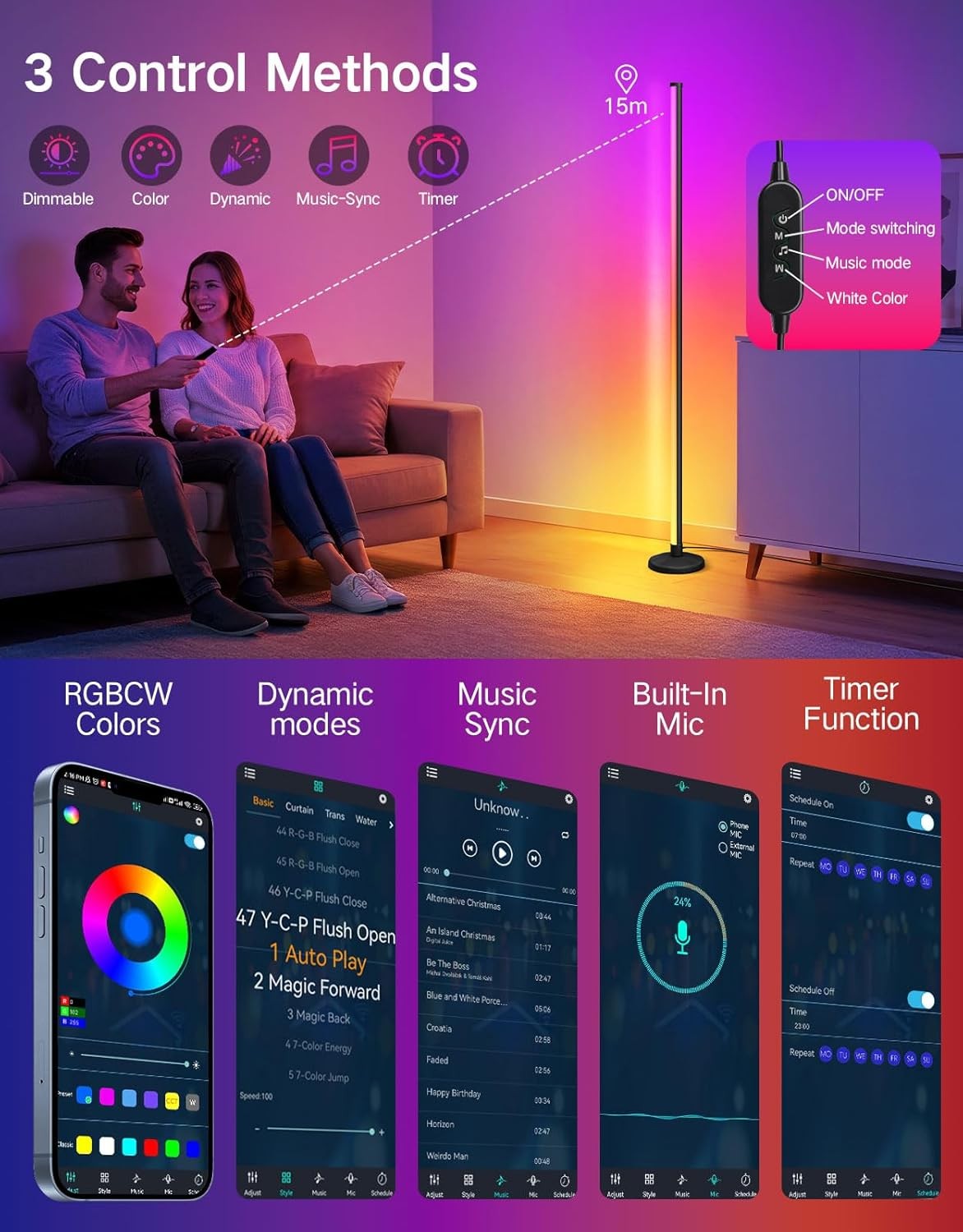 2x LED RGB Corner Floor Lamps Smart App Remote Music Sync Colour Changing