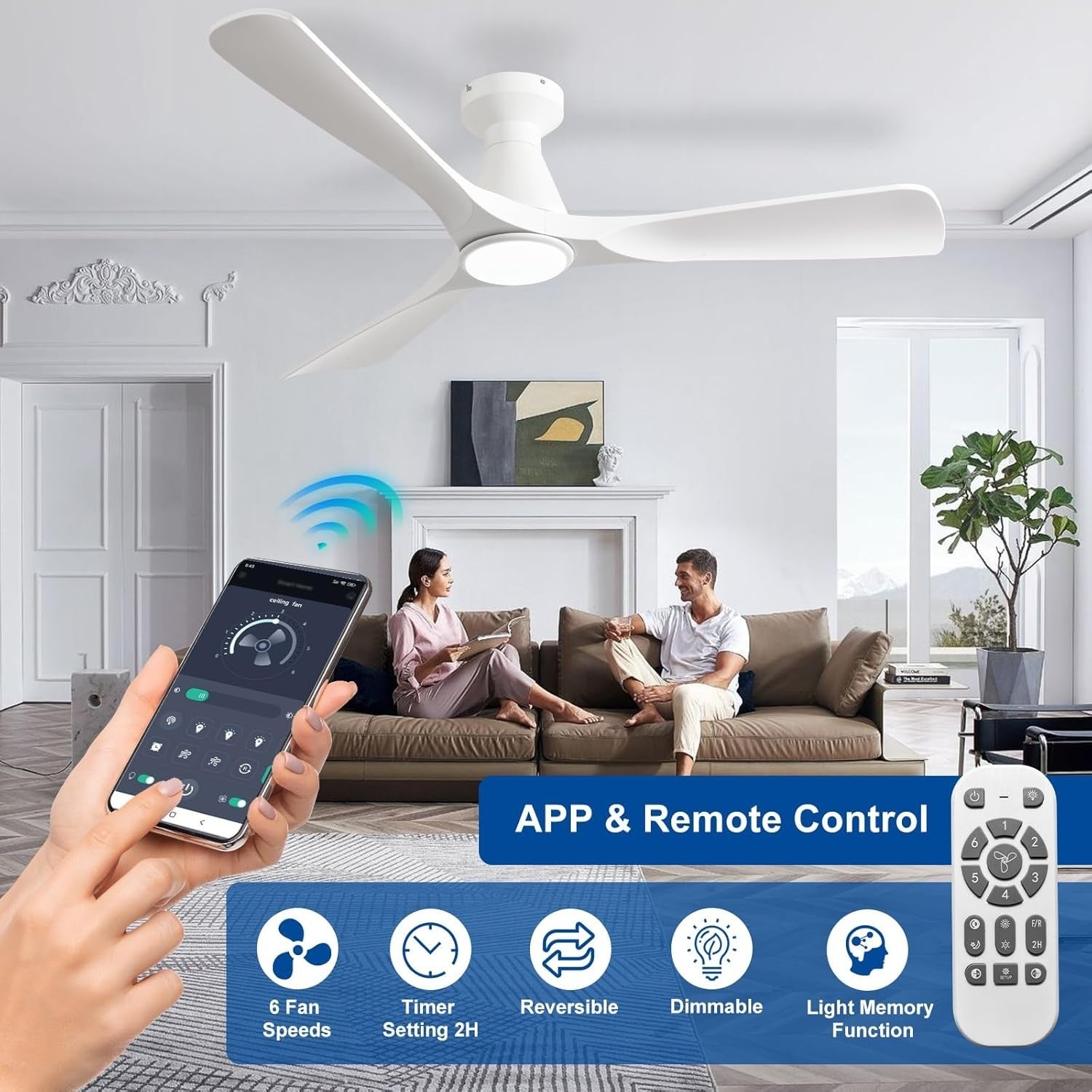 52-Inch White Ceiling Fan with Light, Quiet DC Motor, Remote Control
