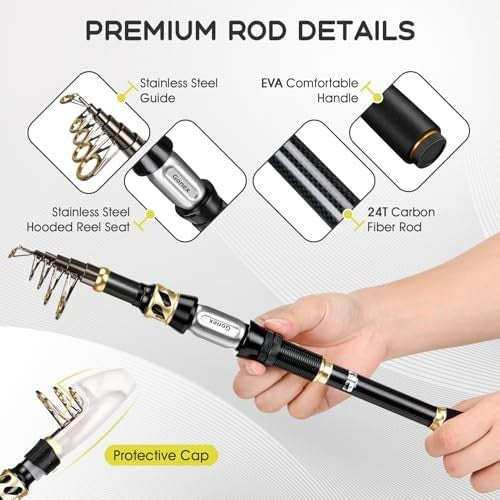 Telescopic Fishing Rod Spinning Reel Combo Kit with Lures Bag Carbon 1.8M