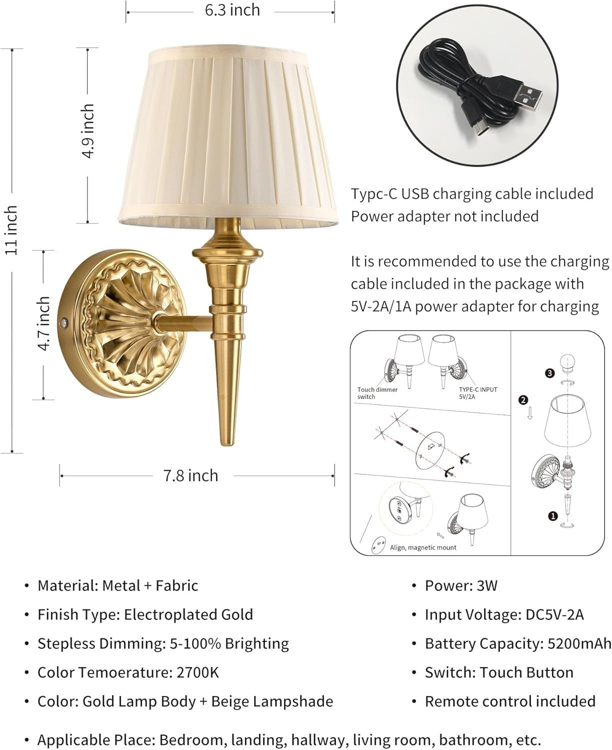 Cordless LED Wall Sconces with Fabric Shades, Dimmable, Rechargeable