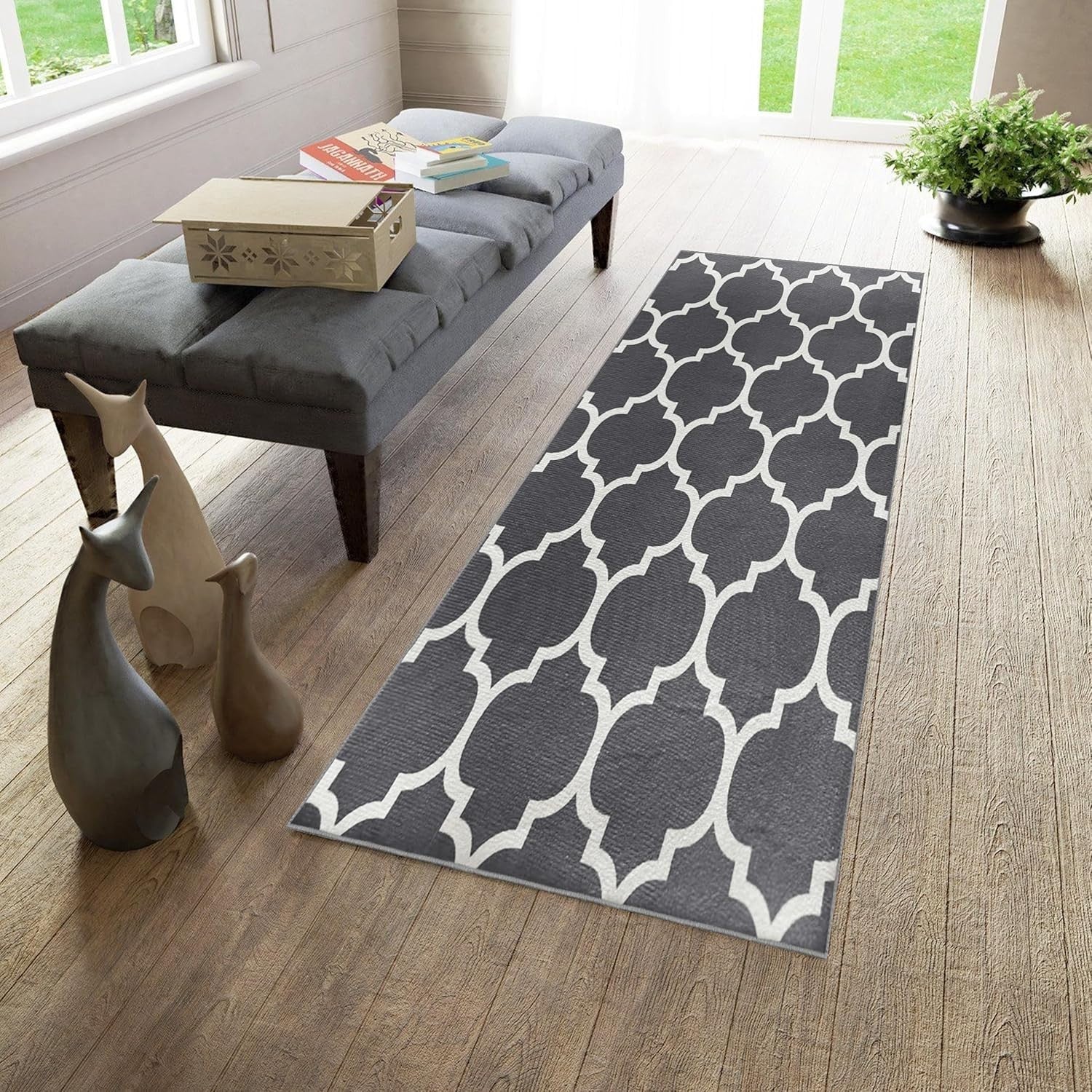 Grey White Runner Rug 80x300cm Non Slip Low Pile Hallway Geometric Carpet