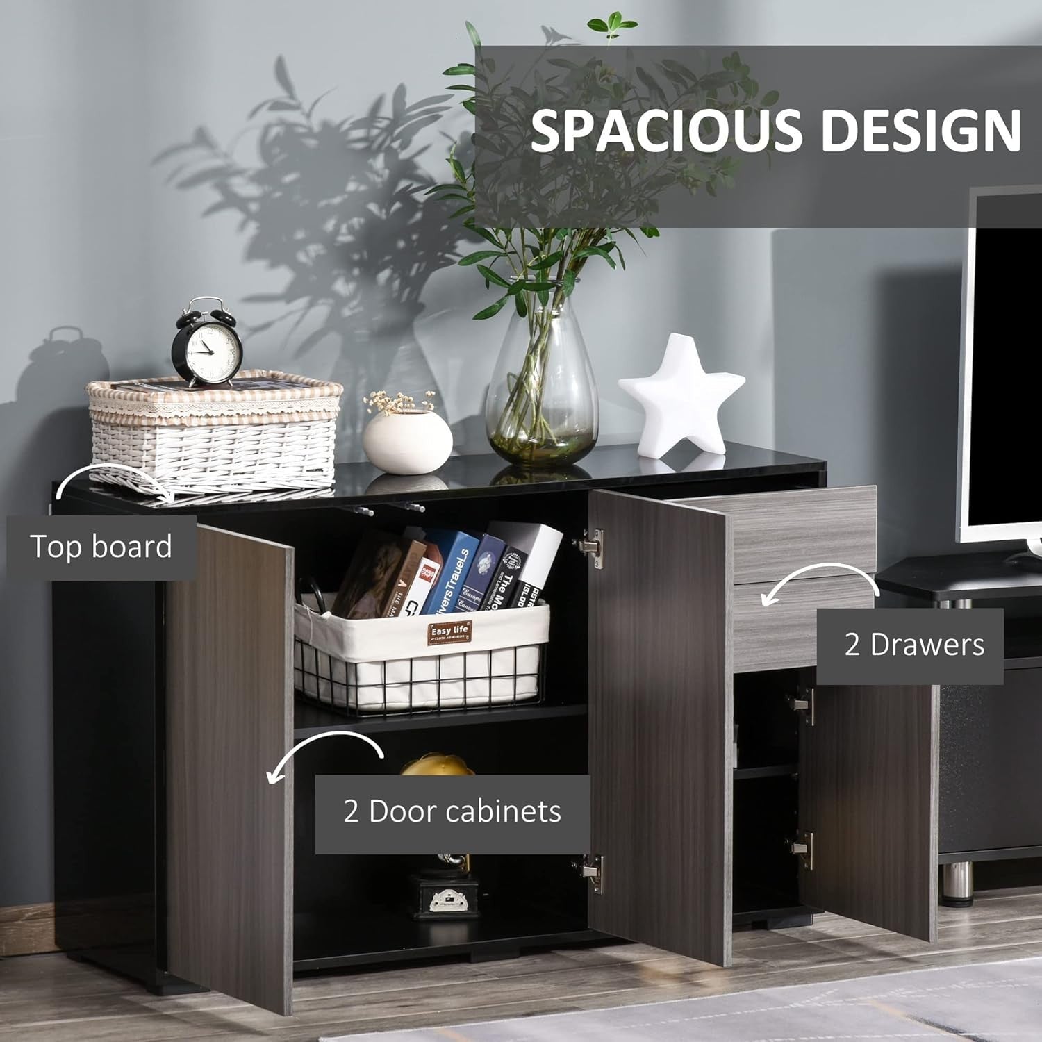 Modern High Gloss Sideboard Cabinet with 2 Drawers & Push-Open Doors Grey