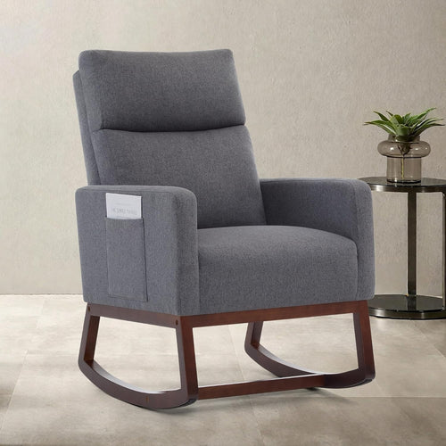 High Back Nursery Rocking Chair with Side Pockets & Durable Wood Base