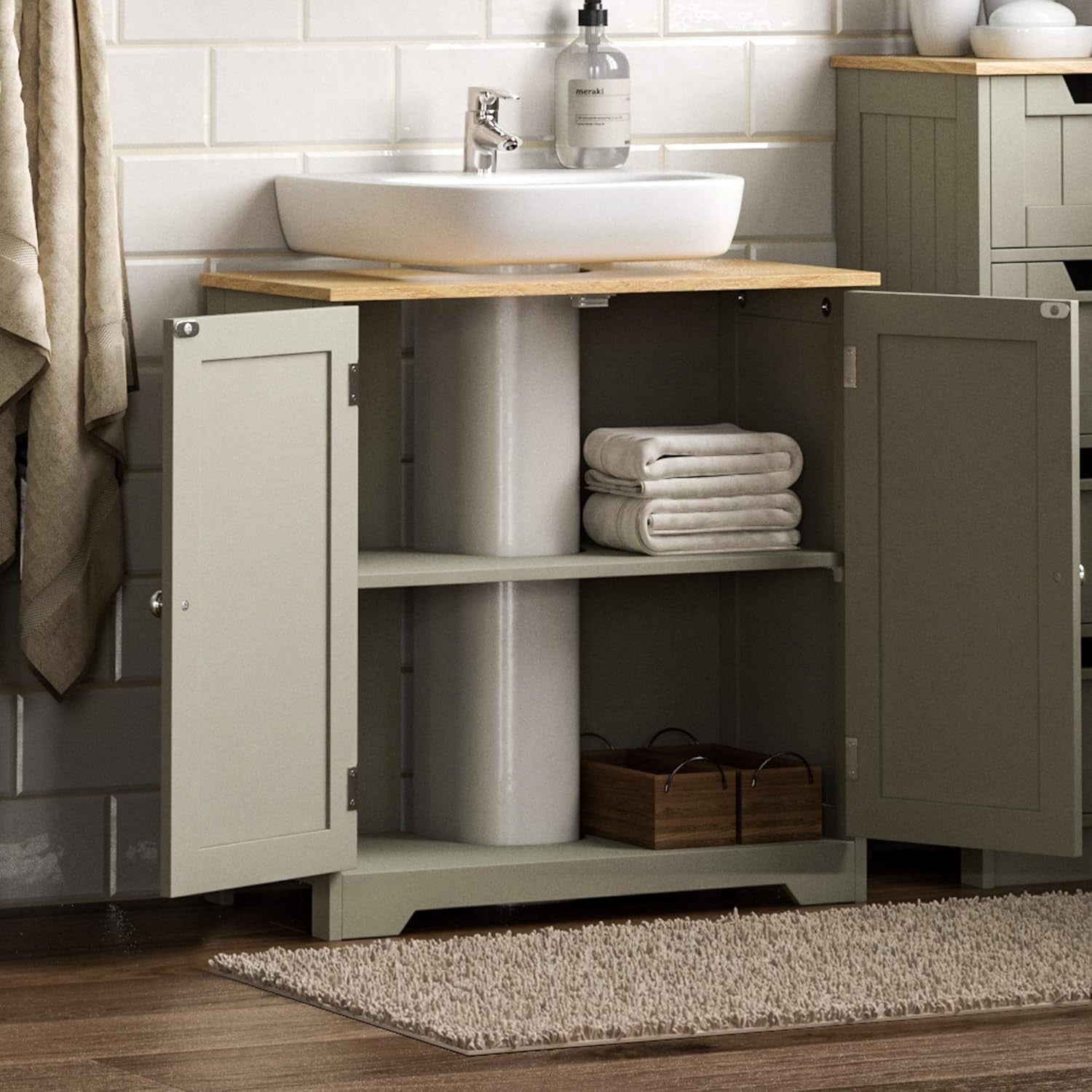 Grey Under Sink Bathroom Cabinet with Doors & Shelf Storage 60x30x60cm