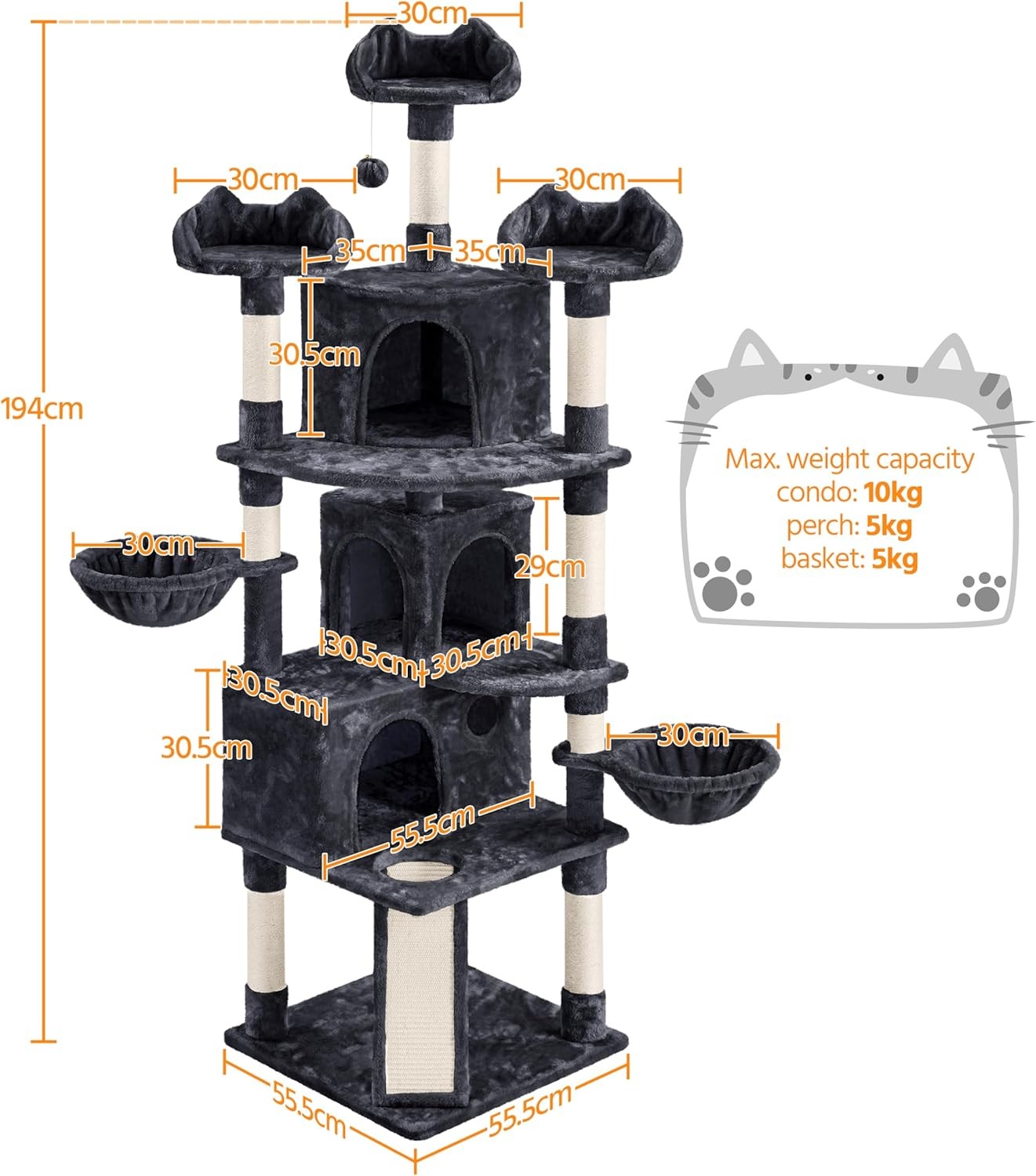Large Cat Tree 194cm Multi Level Cat Tower With Condos Scratching Posts