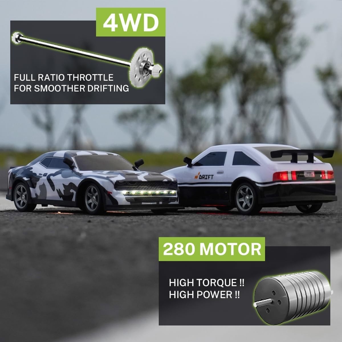 1:16 4WD RC Drift Car 25km/h High Speed w/ LED Lights 2 Batteries Black