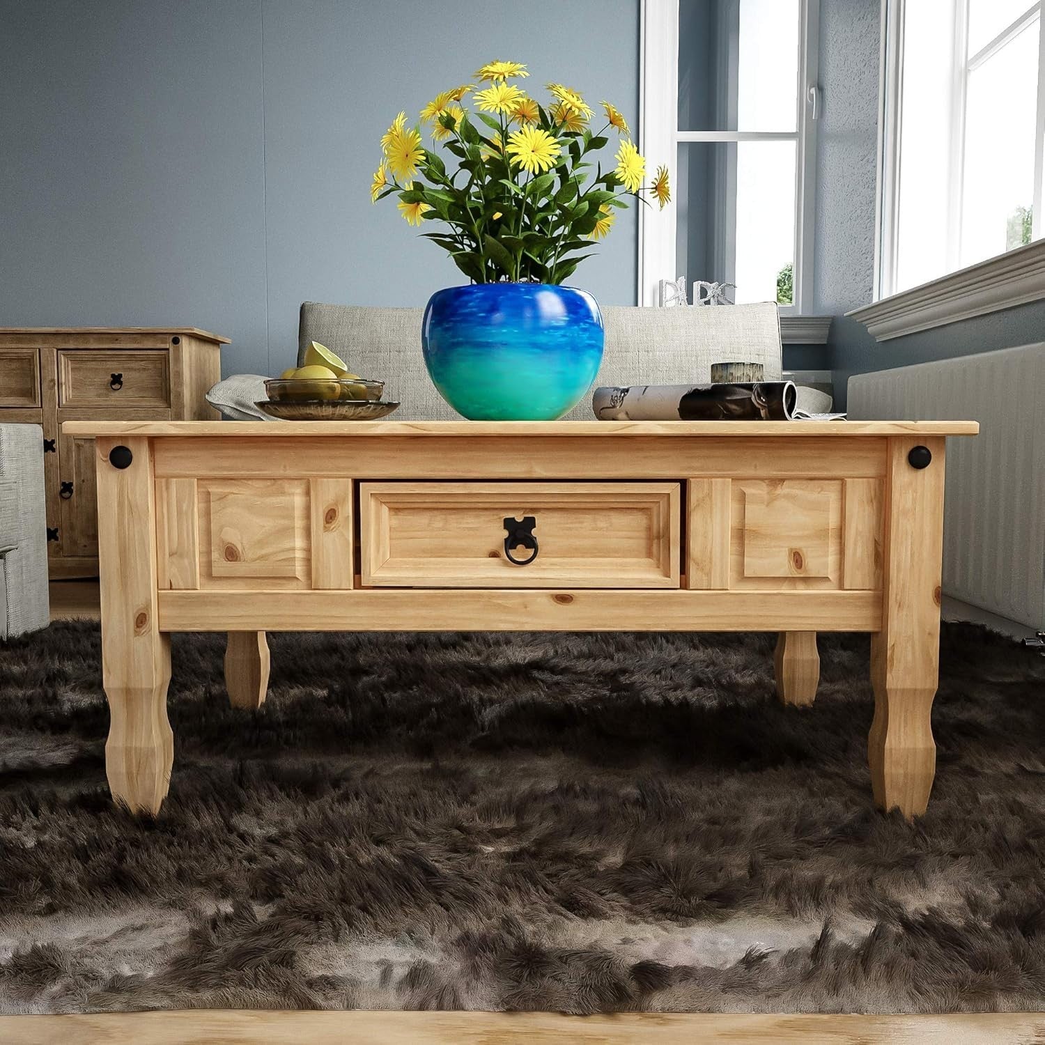 Rustic Solid Pine Coffee Table with Drawer – Distressed Wood, 94cm Wide