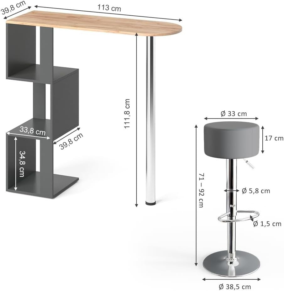 Bar Table Set with 2 Swivel Stools Storage Shelf Gold Oak Anthracite Modern