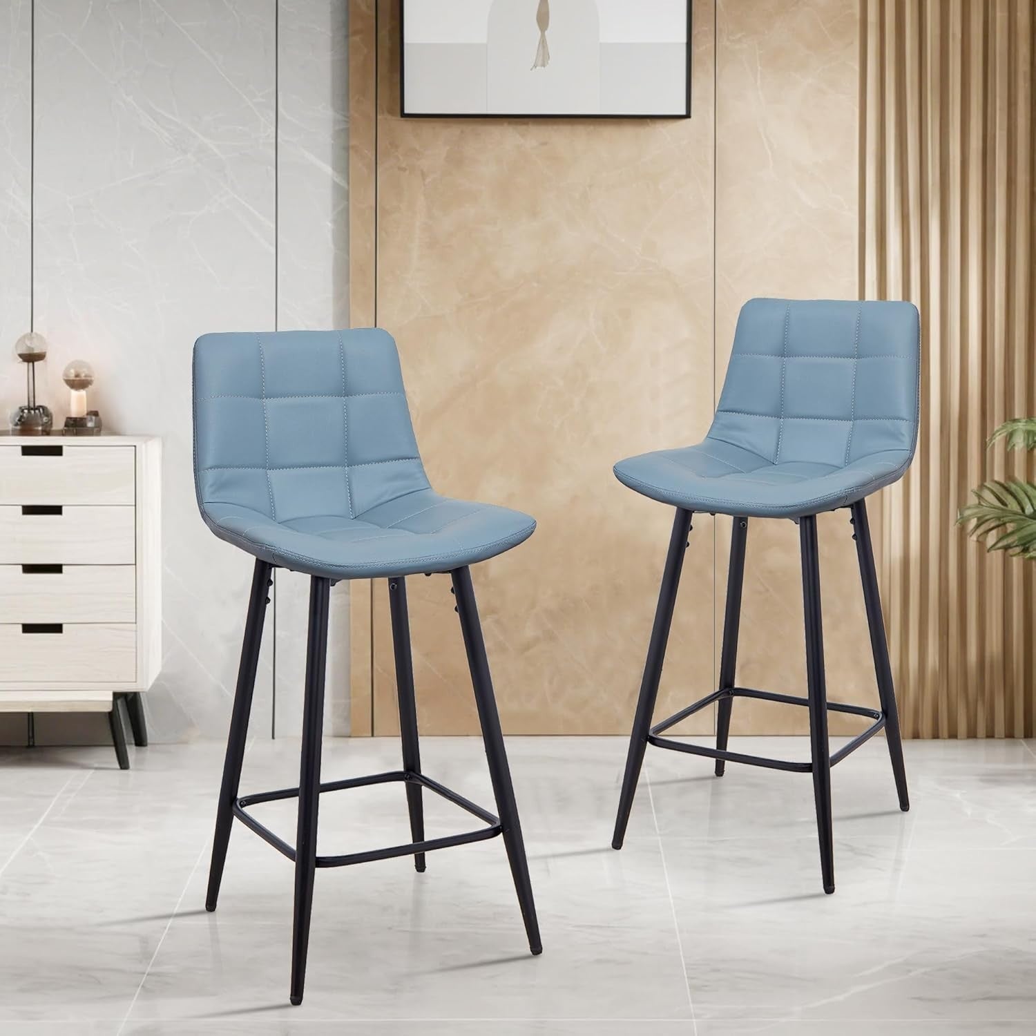 Blue Faux Leather Bar Stools Set of 2 – Fixed Height Kitchen Chairs