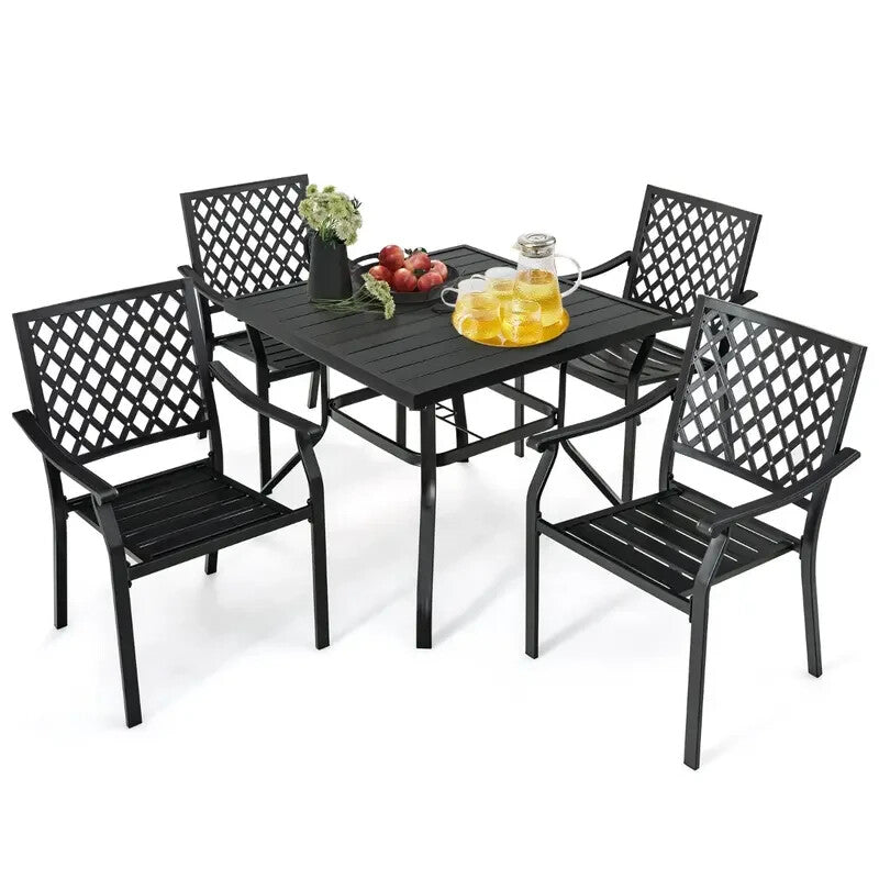 5-Piece Metal Patio Dining Set – Stackable Chairs & Slatted Table w/ Umbrella Ho