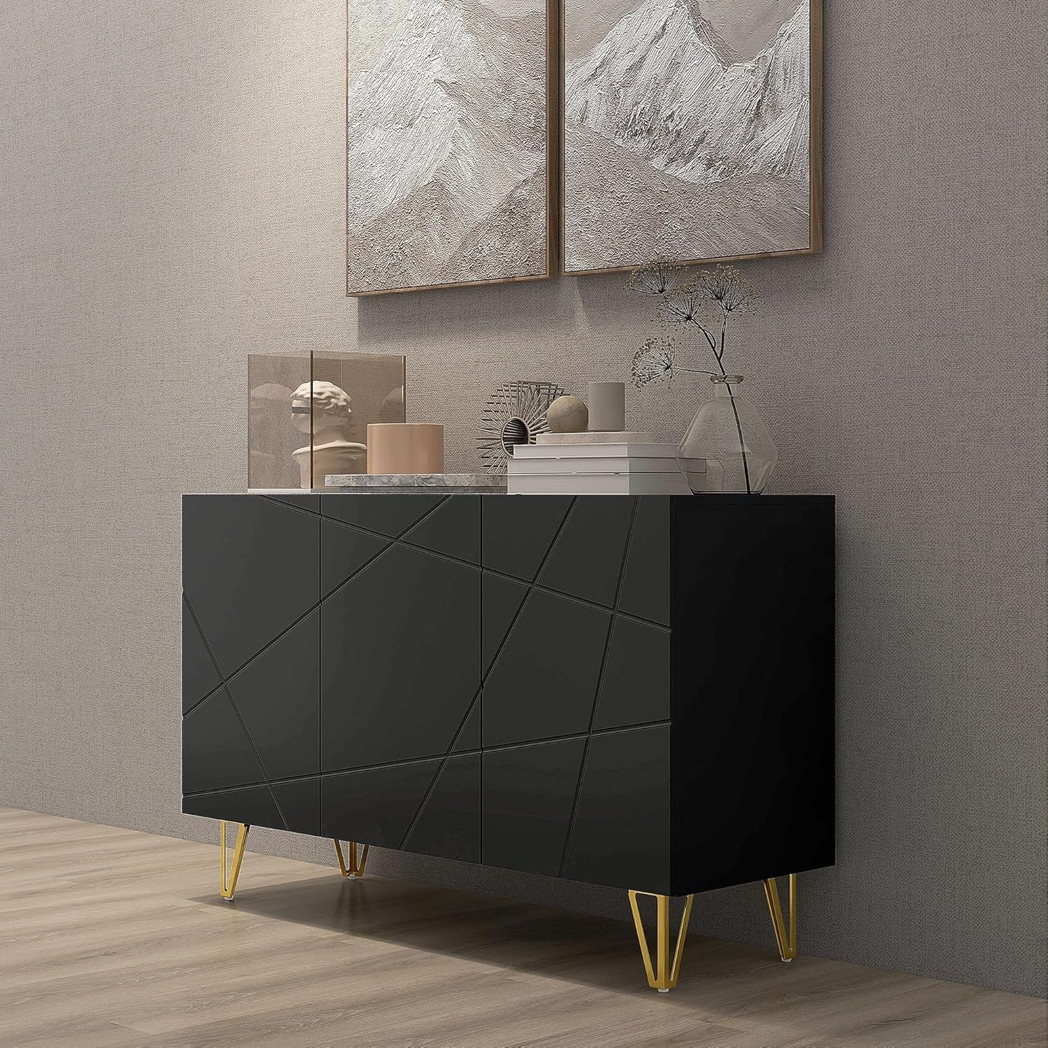 High Gloss Storage Cabinet with Adjustable Shelves Soft-Close Doors Black