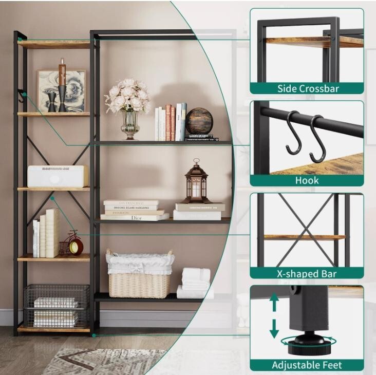 Industrial 5 Tier Metal Bookcase Storage Rack Shelf Unit for Living Room