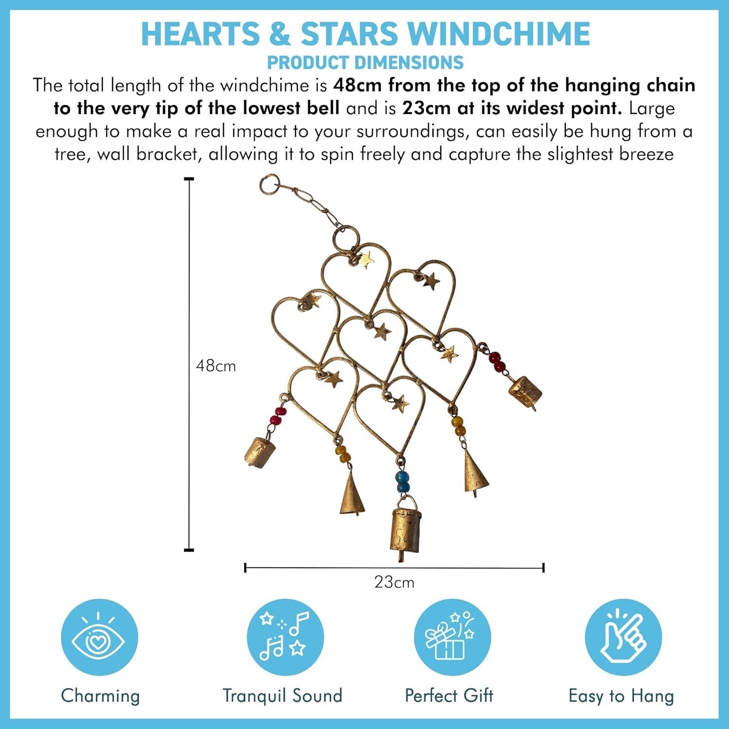 Heart & Stars Metal Windchime Garden Ornament | Distressed Boho Hanging Decor