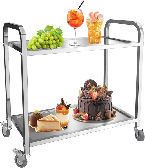 Stainless Steel Kitchen Trolley 2 Tier Service Cart Locking Wheels Utility
