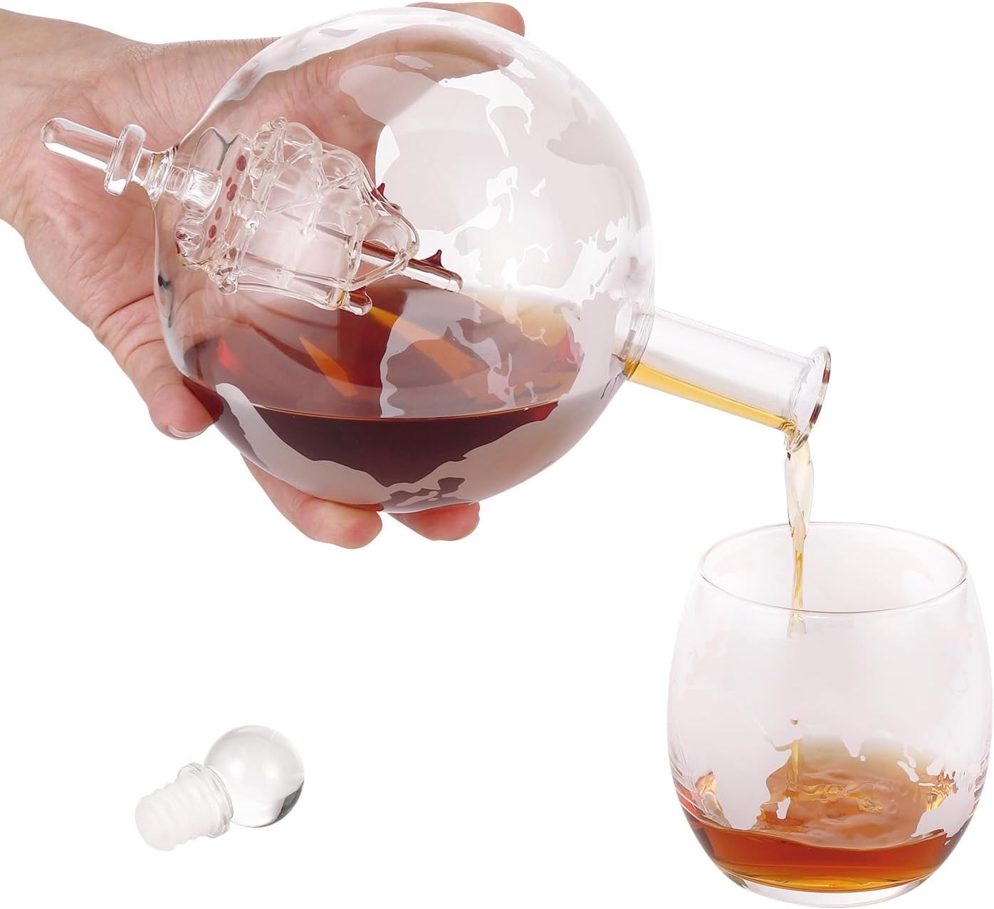Whiskey Globe Decanter Set 850ml with Stand, 2 Glasses & Keychain Opener