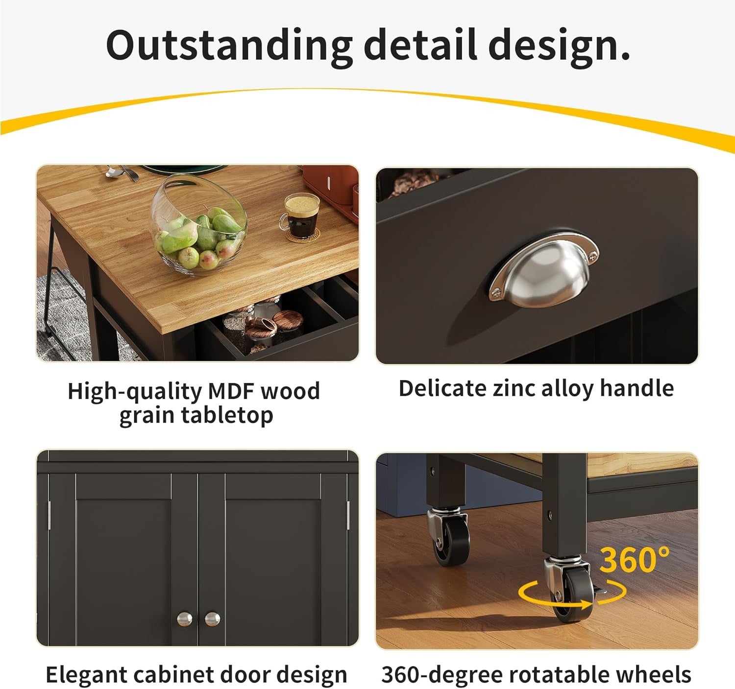 Kitchen Island Trolley on Wheels with Drawers & Folding Side Table Storage