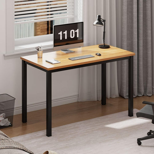 Teak & Black Computer Desk 80x40 cm Metal Frame Home Office Table