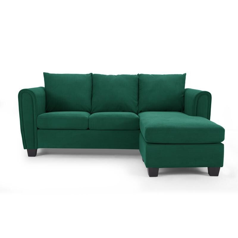Green Cord 3 Seater Sofa with Chaise Reversible Corner Couch UK