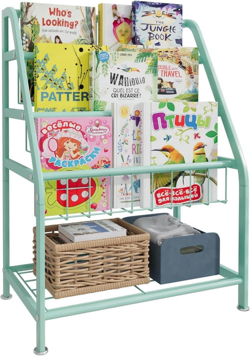 Kids Leaning Bookshelf & Toy Organizer Rack – Durable Metal, Space Saving