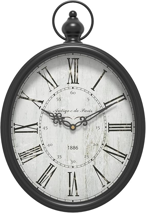 Large Black Oval Wall Clock 39cm Vintage Silent Rustic Farmhouse Retro Decor