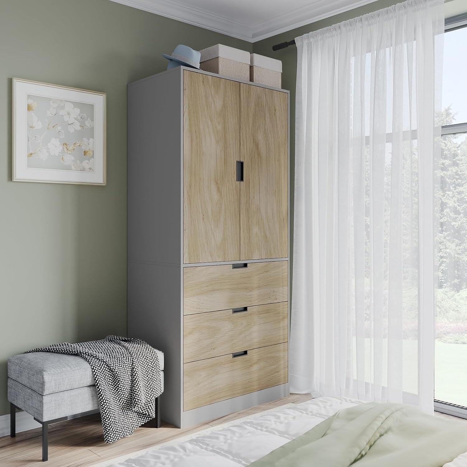 Tall Grey 2 Door Wardrobe with Drawers & Rail for Modern Bedroom Storage