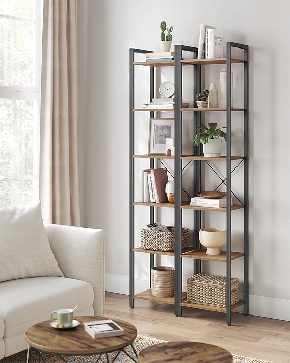 6-Tier Industrial Bookshelf Slim Wheat Brown Metal Wood Tall Storage Unit