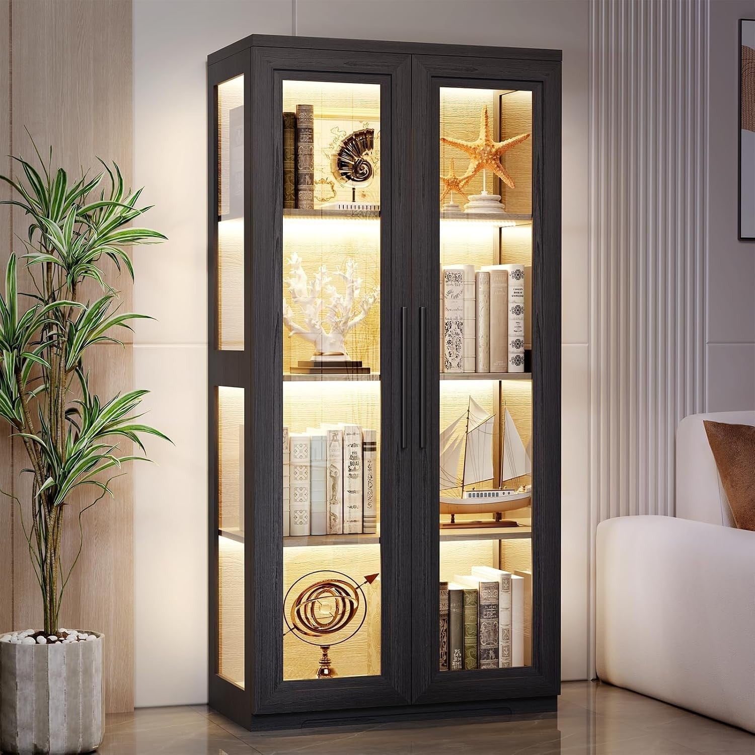 LED Display Cabinet Glass Doors Bookshelf with Storage 3-Color Lights