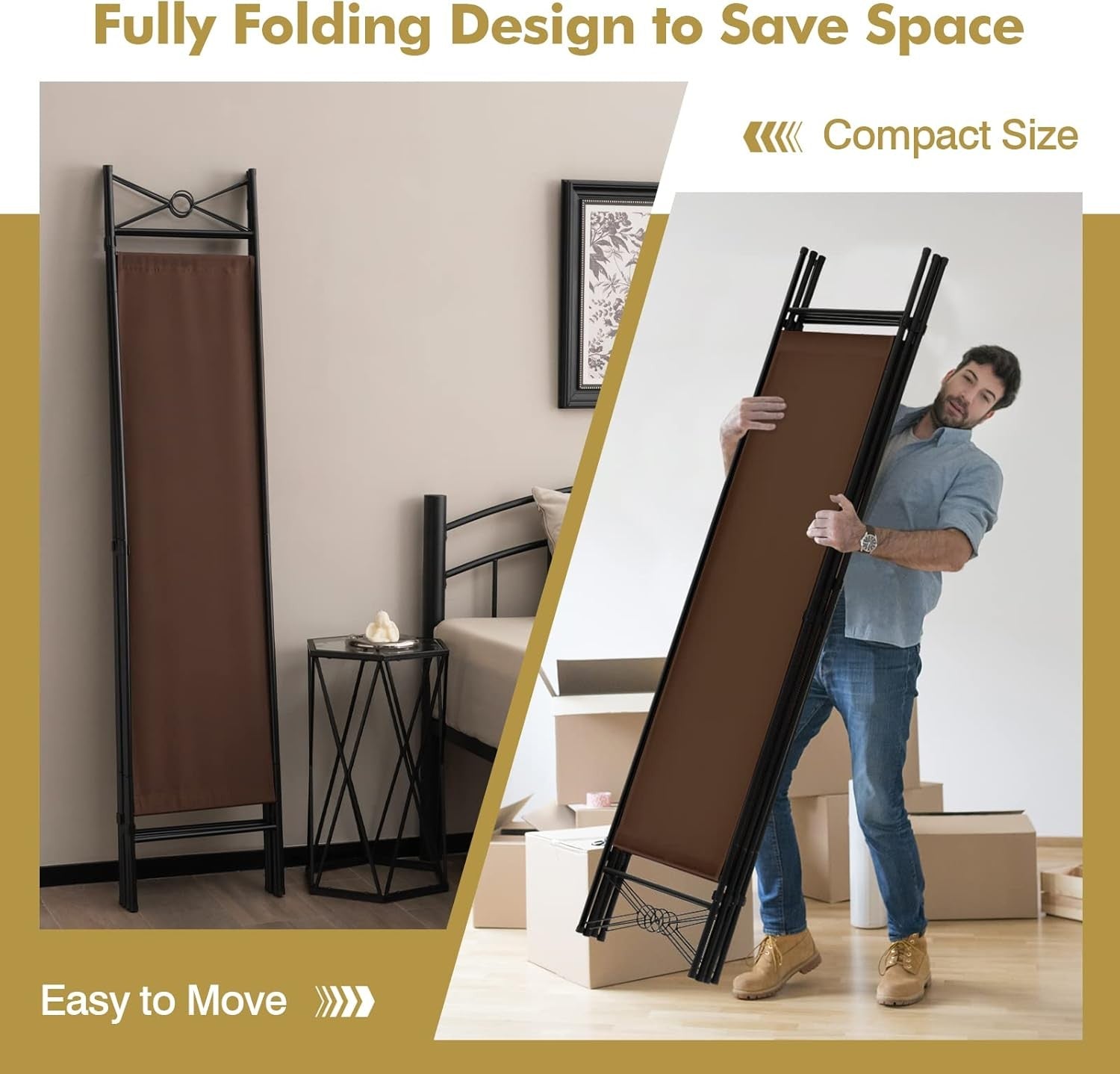 4 Panel Brown Folding Room Divider Privacy Screen for Bedroom Office Living