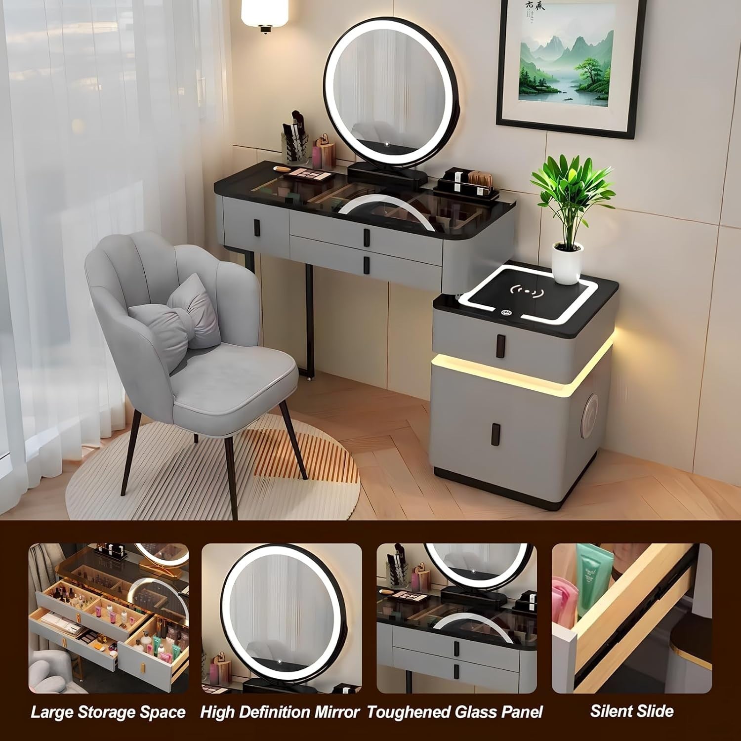 Modern Vanity Makeup Dressing Table Desk 3-Colour LED Mirror Storage Grey-Black