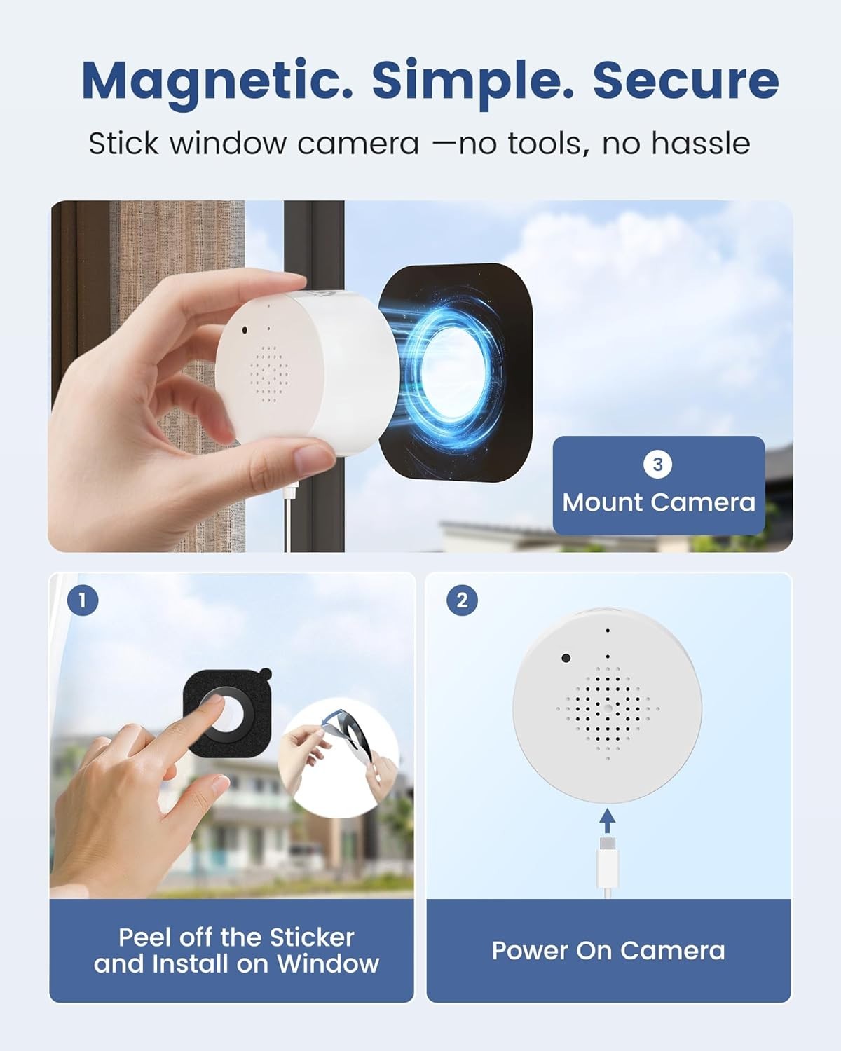 Glass Window Security Camera 2K AI Detection Dual Band WiFi CCTV