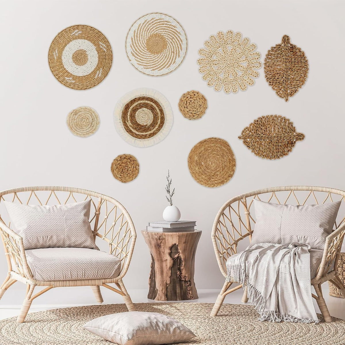 10 Pcs Boho Woven Wall Baskets Handmade Rattan Decor 6 Sizes