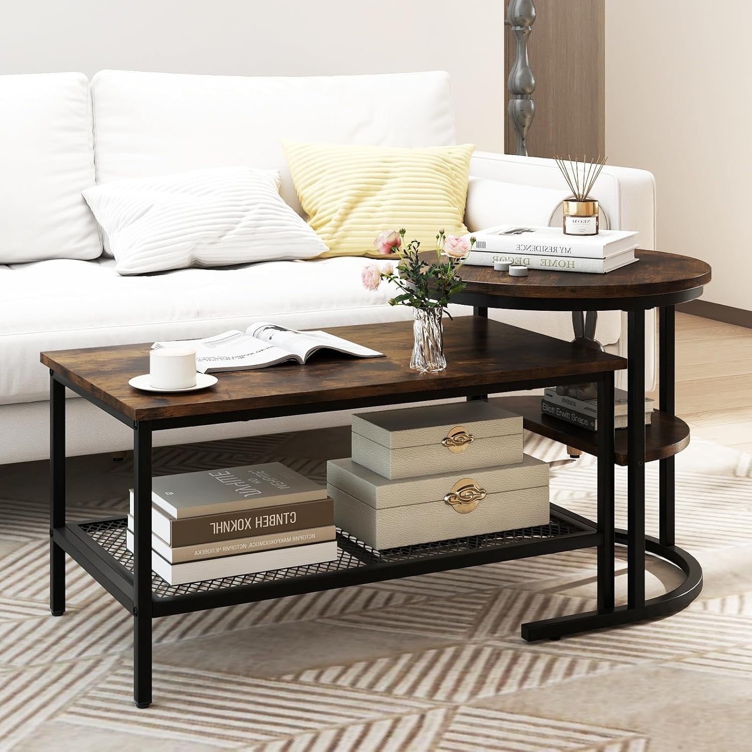 Nesting Coffee Table Set 2PCS Black Rustic Brown Faux Marble End Tables