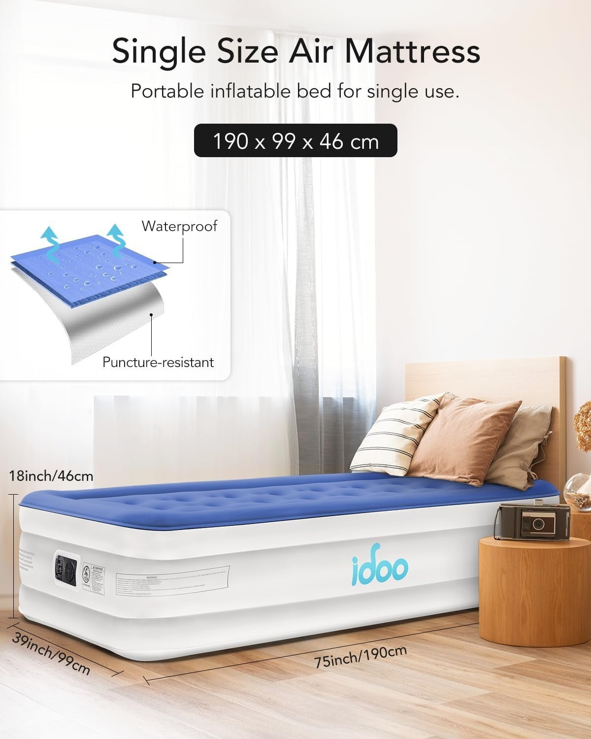Single Inflatable Air Bed Built In Electric Pump Fast Inflate Guest Blue Matress