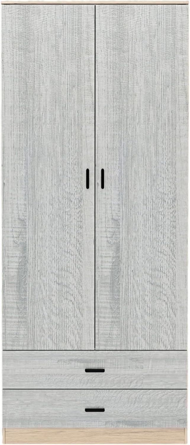 Grey Drawer 2 Door Wardrobe Oak Frame | Modern Tall Bedroom Storage Unit