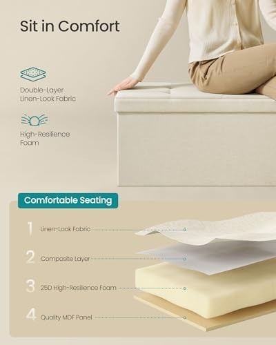 Cream White Storage Ottoman Bench 110cm Folding Seat Footstool End-of-Bed