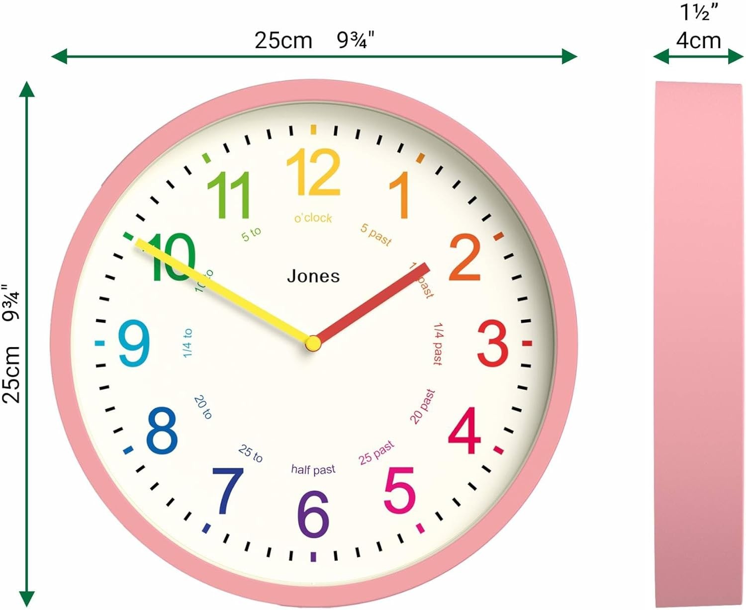25cm Kids Wall Clock Pink – Silent Non-Ticking Colourful Numbers Learn Time
