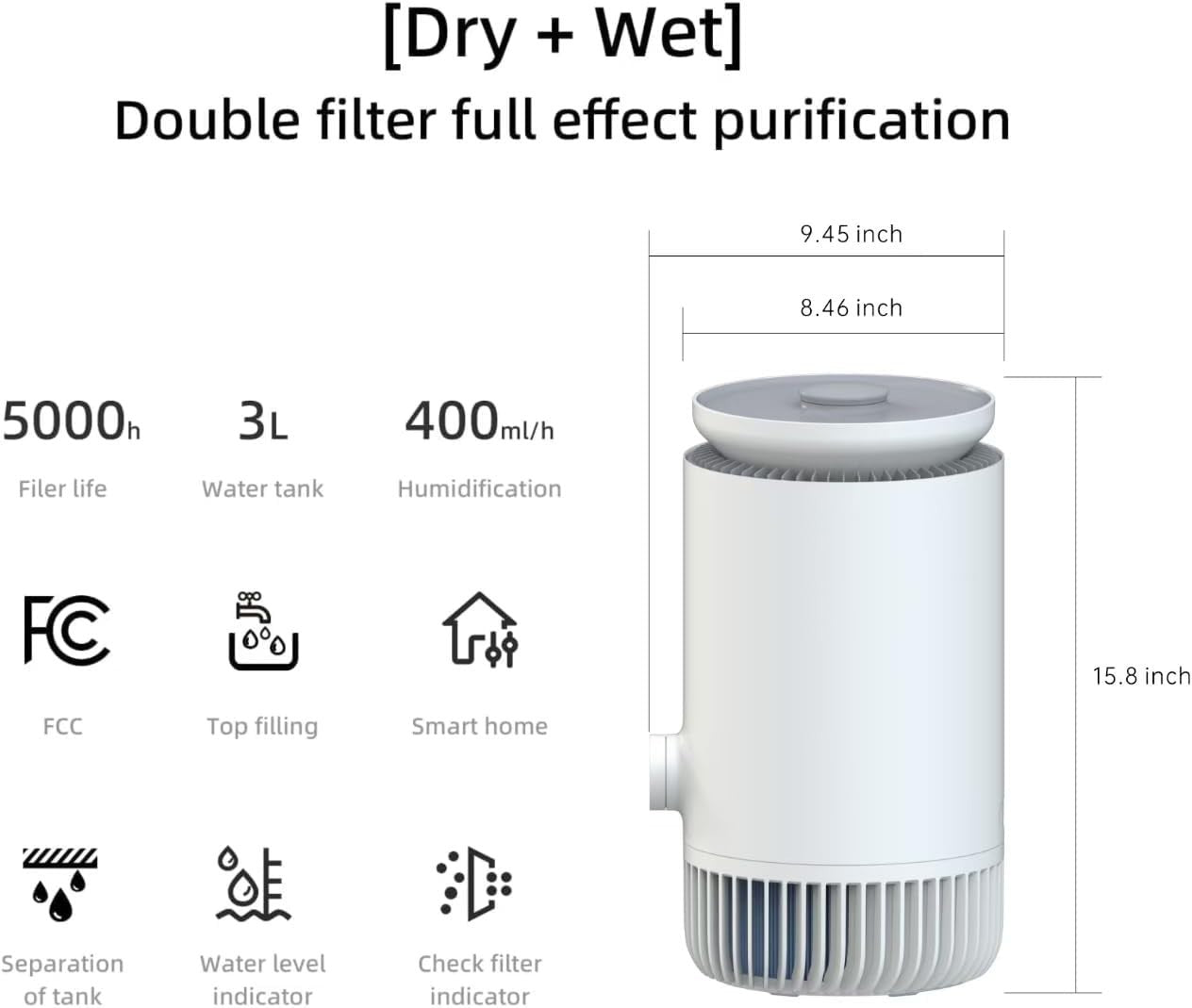 2 in 1 Air Purifier Humidifier H13 HEPA WiFi Quiet Bedroom 20m²