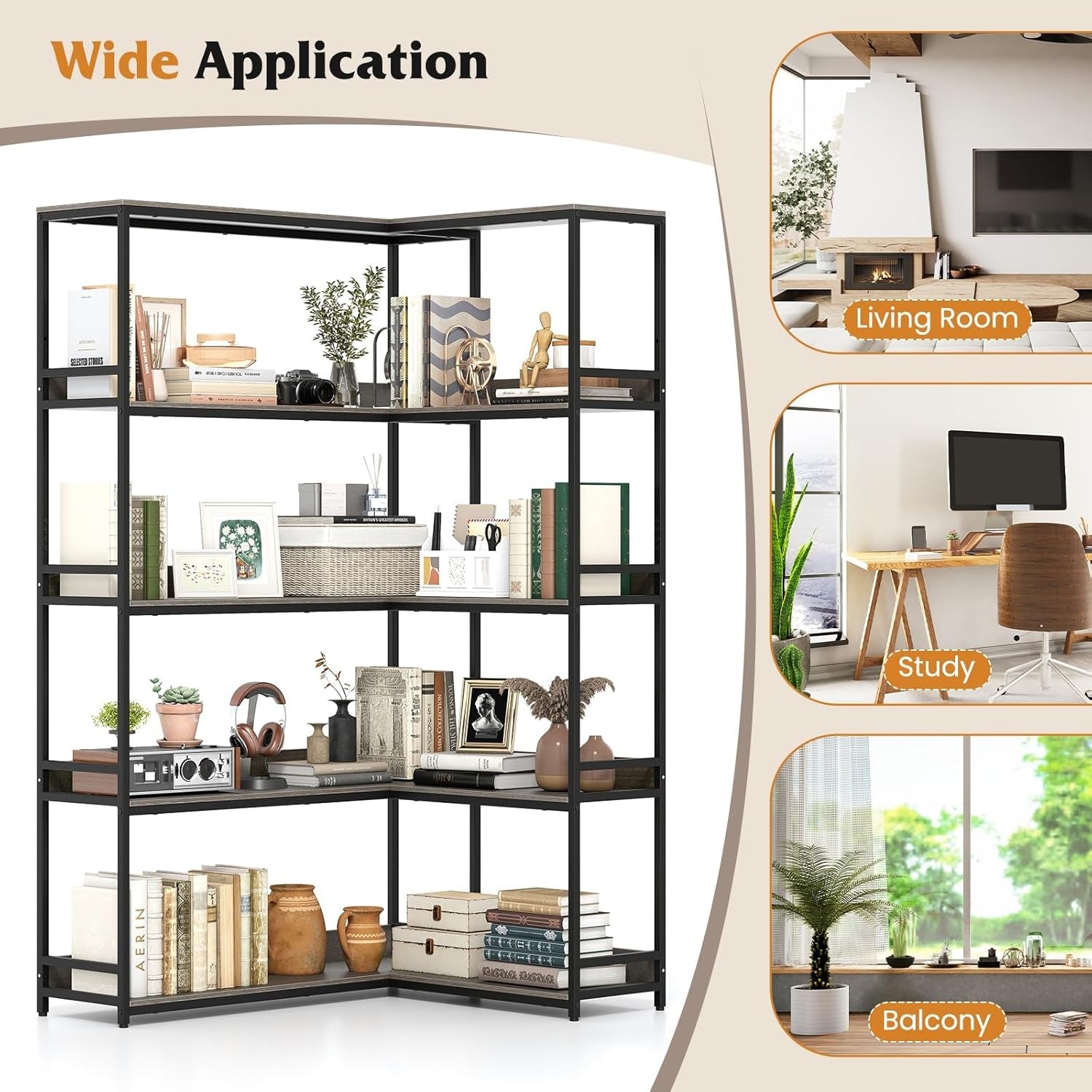 5-Tier L-Shaped Industrial Bookshelf Large Corner Storage Display Unit 180cm