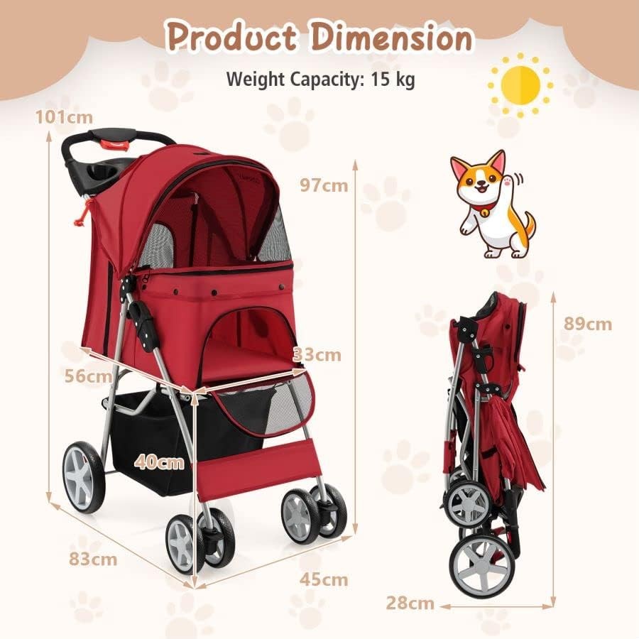 Red Foldable Pet Stroller Pushchair with 4 Wheels for Small Dogs & Cats