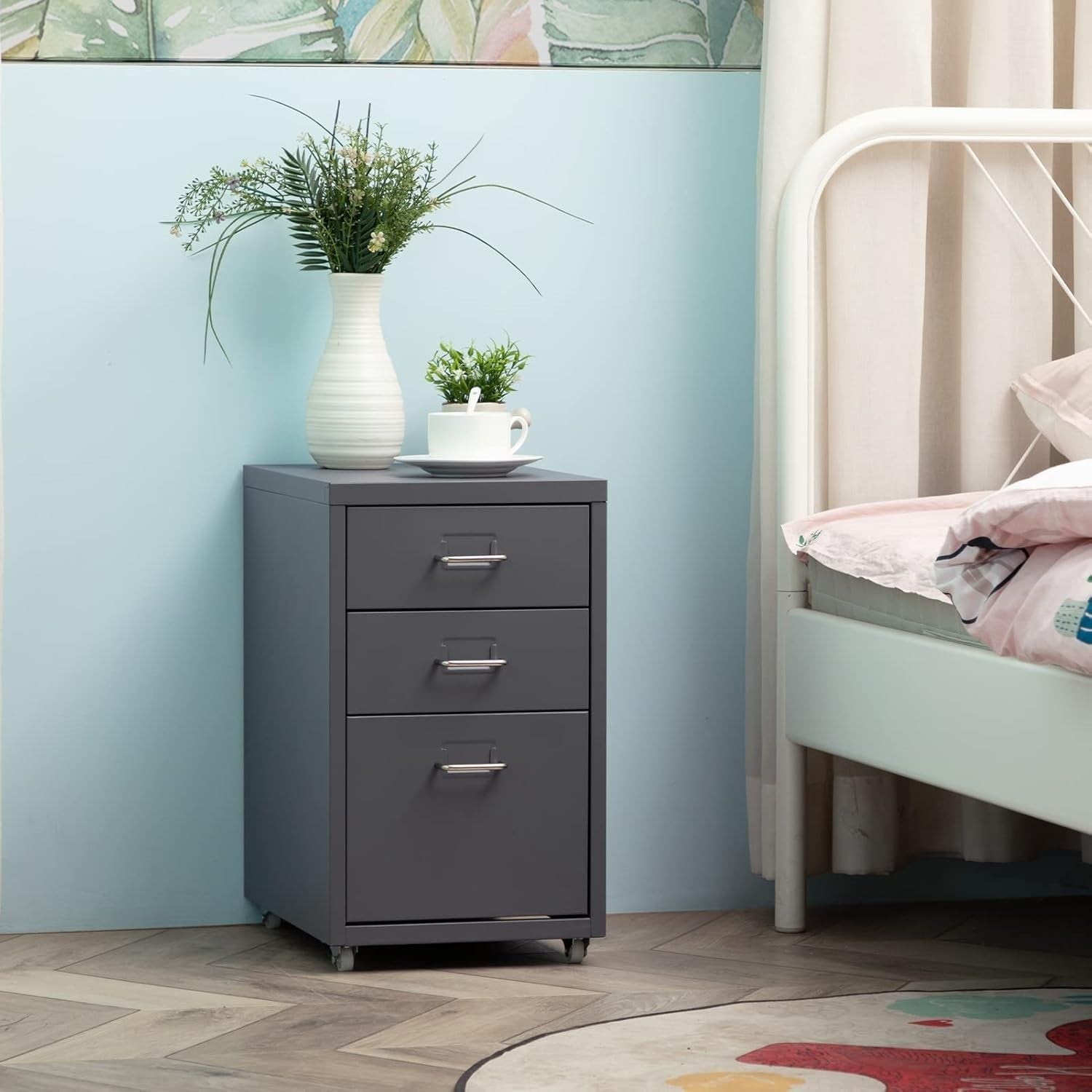Grey Metal Under Desk Rolling Drawer Unit 3 Tier File Storage