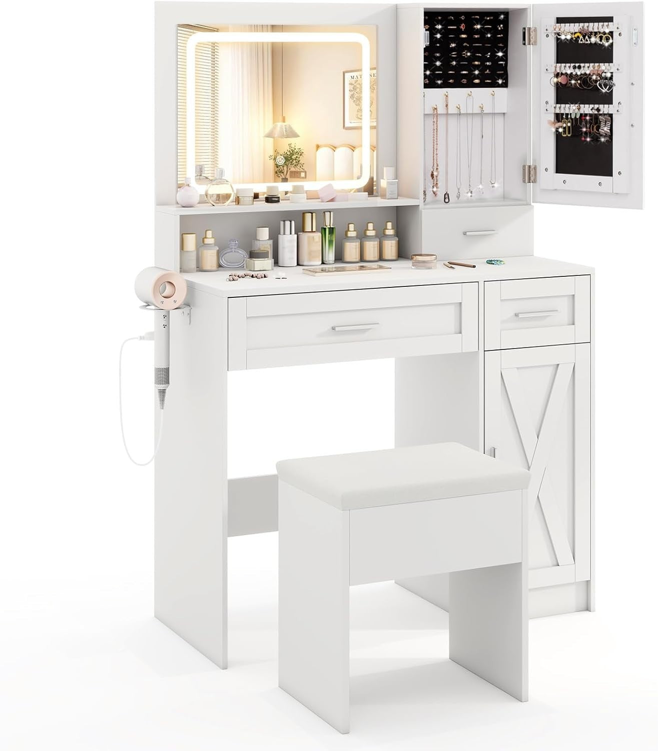 White Vanity Makeup Table Set with LED Lighted Mirror & Charging Station