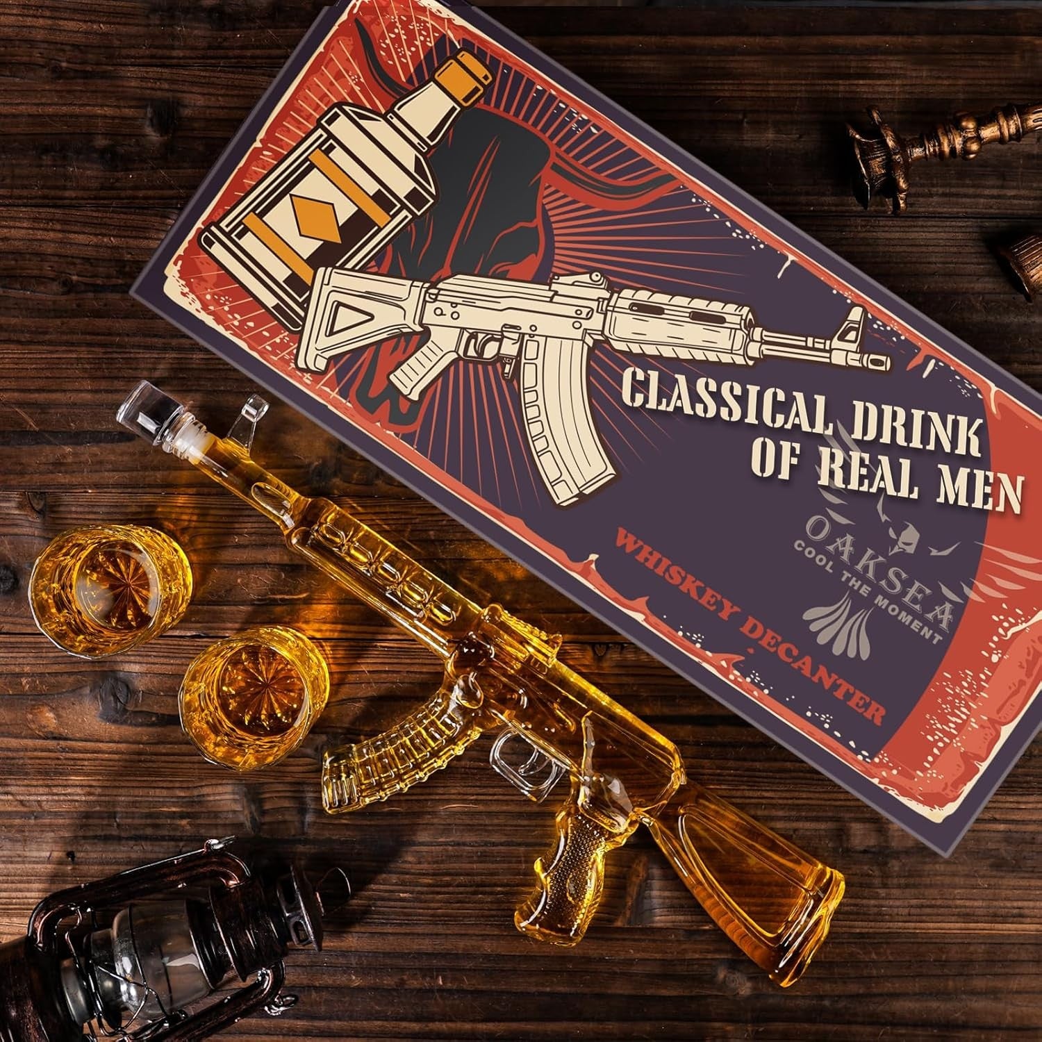 AK47 Whiskey Decanter Set with Stand & 2 Glasses – 1000ml Novelty Liquor Dispens